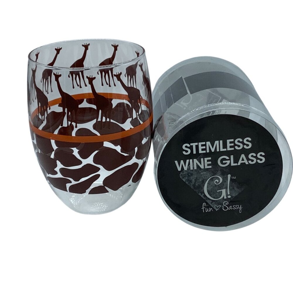 Giraffe Print Stemless Wine Glass By Midwest CBK 15 Oz Glass Fun Sassy NEW
